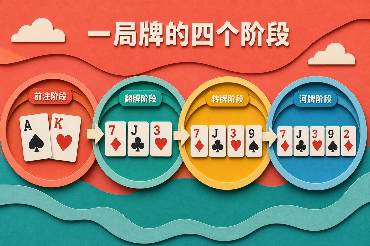德州扑克一局牌的四个阶段：前注、翻牌、转牌、河牌
