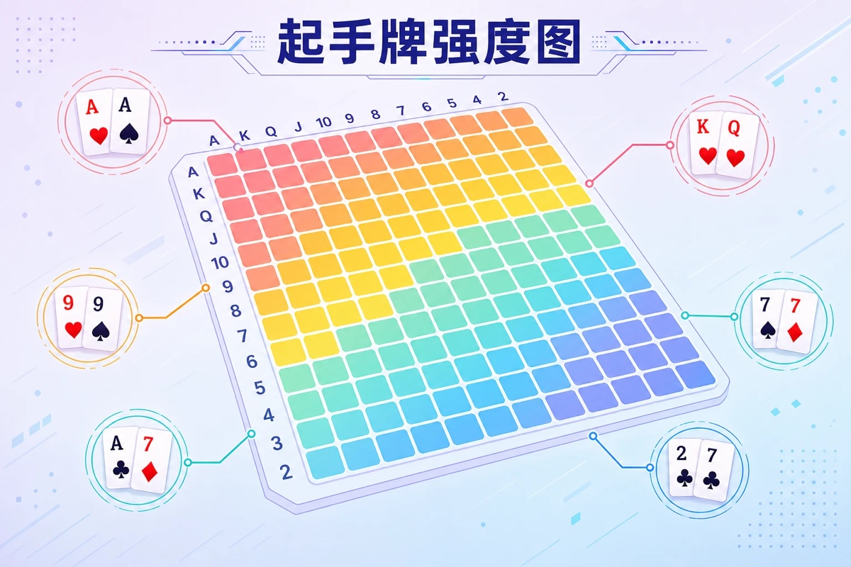 德州扑克起手牌强度分布图：169 种组合按强弱着色的等距网格